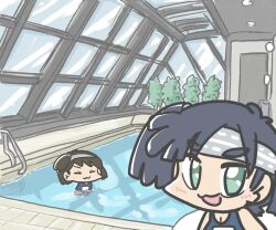 Rule 34 | 2girls, :3, black hair, chibi, closed eyes, commentary request, ferret-san, green eyes, headband, hiryuu (kancolle), indoors, kantai collection, multiple girls, one side up, pool, pool ladder, rei no pool, short hair, smile, souryuu (kancolle), twintails, upper body, water