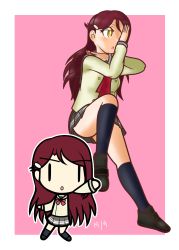 Rule 34 | 1girl, artist name, artist request, bare legs, black legwear, blush, bow, bowtie, breasts, brown eyes, brown hair, buttons, chibi, collarbone, collared shirt, dual persona, female focus, full body, grey sailor collar, grey skirt, hair between eyes, hair ornament, hairclip, half updo, highres, long hair, long sleeves, looking at viewer, love live!, love live! sunshine!!, miniskirt, neckerchief, necktie, parted lips, pink background, plaid, plaid skirt, pleated, pleated skirt, red bow, red hair, red neckerchief, sailor collar, sakurauchi riko, school uniform, shirt, skirt, small breasts, smile, solo, sweater, sweater vest, uranohoshi school uniform, v-shaped eyebrows, vanilla kunikida, white shirt, yellow eyes