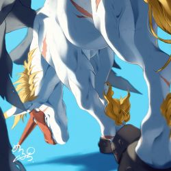 Rule 34 | digimon, digimon (creature), highres, horns, horse, mask, solo, unimon, wings