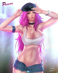 Rule 34 | 1girl, adjusting clothes, adjusting headwear, armlet, armpits, blue eyes, bracelet, breasts, capcom, choker, cleavage, crop top, darkeyez07, denim, denim shorts, final fight, hat, jewelry, large breasts, lips, lipstick, long hair, makeup, midriff, navel, no bra, peaked cap, pink hair, poison (final fight), short shorts, shorts, sideboob, signature, solo, street fighter, unbuttoned
