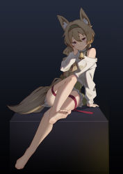 Rule 34 | 1girl, absurdres, animal ears, arknights, barefoot, beanstalk (arknights), beanstalk (gift uncompleted) (arknights), blush, feet, hairband, hand on own cheek, hand on own face, highres, light brown hair, long hair, looking at viewer, red eyes, smile, soles, tail, toes