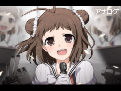 Rule 34 | 10s, 1girl, ahoge, antenna hair, brown eyes, brown hair, kantai collection, looking at viewer, microphone, naka (kancolle), open mouth, personification, short hair, solo, suzuka (rekkyo)