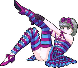 Rule 34 | 1girl, ass, blue ribbon, bow, den&#039;ei shoujo, footwear bow, frown, full body, gloves, grey eyes, grey hair, hair ribbon, high heels, knee up, leg up, purple ribbon, ribbon, shoes, short hair, simple background, sitting, skirt, solo, striped clothes, striped legwear, striped skirt, striped thighhighs, thighhighs, white background