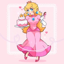 Rule 34 | 1girl, artist name, blonde hair, blue eyes, blue gemstone, breasts, brooch, cake, closed mouth, crown, dotted background, dress, earrings, elbow gloves, eyelashes, food, full body, gem, glint, gloves, heart, highres, holding, holding plate, holding spoon, iamfixated, jewelry, knees together feet apart, large breasts, lips, long hair, mario (series), nintendo, no socks, pink background, pink dress, pink footwear, pink lips, pink umbrella, plate, princess, princess peach, puffy short sleeves, puffy sleeves, shadow, short sleeves, smile, solo, sparkle, spoon, standing, standing on one leg, super star (mario), super mario bros. 1, thick lips, tight clothes, tight dress, twitter username, umbrella, white background, white gloves