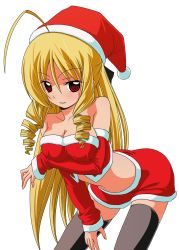 Rule 34 | 1girl, ahoge, bare shoulders, black thighhighs, blonde hair, breast hold, breasts, christmas, cleavage, drill hair, fur-trimmed headwear, fur trim, hat, hayate no gotoku!, highres, long hair, red eyes, red hat, santa costume, santa hat, smile, solo, standing, tennousu athena, thighhighs, transparent background, twin drills, twintails, vector trace, white background, zettai ryouiki