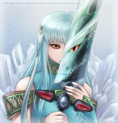 Rule 34 | 1girl, absurdres, bare shoulders, blue hair, copyright name, dragon, dress, dual persona, durandal (fire emblem), fire emblem, fire emblem: the blazing blade, hair ornament, highres, ice, long hair, looking at viewer, ninian, nintendo, red eyes, slit pupils, solo, spoilers, sword, weapon
