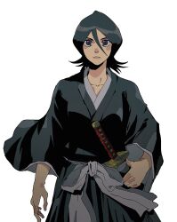 1girl absurdres black_hair black_kimono bleach breasts closed_mouth cowboy_shot double-parted_bangs film_grain hair_between_eyes highres holding holding_sword holding_weapon isaacchief300 japanese_clothes kimono kuchiki_rukia long_sleeves looking_at_viewer purple_eyes sash shinigami short_hair simple_background small_breasts solo standing straight_hair sword waist_sash weapon white_background wide_sleeves zanpakutou