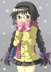 Rule 34 | 10s, 1girl, absurdres, akemi homura, black hair, blush, braid, coat, covering own mouth, female focus, glasses, hairband, hand over mouth, hand over own mouth, highres, long hair, looking at viewer, mahou shoujo madoka magica, mahou shoujo madoka magica (anime), mittens, pleated skirt, purple eyes, red-framed eyewear, ribbon, scarf, shy, skirt, snow, snowflakes, snowing, solo, standing, tsubaki (tatajd), twin braids, very long hair, winter, winter clothes, winter coat