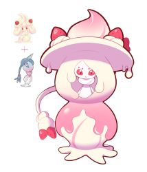 Rule 34 | :&gt;, alcremie, alcremie (ruby swirl), alcremie (strawberry sweet), alcremie (vanilla cream), artsy-rc, closed mouth, creatures (company), food, fruit, fusion, game freak, gen 8 pokemon, hatterene, highres, looking at viewer, nintendo, official art inset, pokemon, pokemon (creature), signature, simple background, smile, solo, strawberry, white background