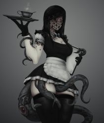 Rule 34 | 1girl, apron, black dress, black footwear, black gloves, black thighhighs, boots, breasts, clipboard, colored skin, commentary, cup, dress, eldritch abomination, extra eyes, extra mouth, faceless, faceless female, gloves, hair ornament, highres, horror (theme), horror maid (imp (impractical)), imp (impractical), long hair, maid, medium breasts, original, pale skin, phallic symbol, short dress, slime (substance), solo, standing, swept bangs, teacup, tentacles, thick thighs, thigh boots, thighhighs, thighhighs under boots, thighs, tray, trypophobia, waist apron, white skin, x hair ornament, zettai ryouiki