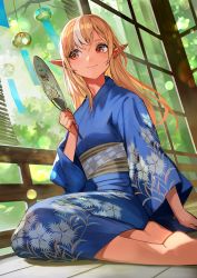 Rule 34 | 1girl, alternate costume, barefoot, blonde hair, blue kimono, blurry, bokeh, closed mouth, commentary, dark-skinned female, dark skin, day, depth of field, elf, floral print, full body, hair down, hand fan, highres, holding, holding fan, hololive, japanese clothes, kimono, lack, long hair, looking to the side, multicolored hair, obi, paper fan, pointy ears, porch, red eyes, sash, shiranui flare, sitting, smile, solo, streaked hair, tree, two-tone hair, uchiwa, virtual youtuber, white hair, wind chime, yokozuwari