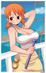 Rule 34 | 1girl, absurdres, arm behind head, arm up, bikini, bikini top only, bikini under clothes, blue sky, blush, brown eyes, cloud, cowboy shot, day, highres, holding, midriff, nami (one piece), one piece, orange hair, outdoors, short hair, signature, simmsy, sky, smile, solo, strapless, swimsuit, tube top, twintails, white tube top