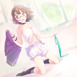 Rule 34 | 1girl, ahoge, aqua necktie, bare arms, bare shoulders, black socks, bloomers, bow, bow bloomers, breasts, brown eyes, brown hair, collarbone, commentary request, curtains, d:, dutch angle, eyebrows, eyelashes, facing viewer, holding, holding clothes, holding necktie, holding skirt, indoors, kneehighs, kneeling, looking away, midorino eni, necktie, on bed, open mouth, panicking, pink shirt, pleated skirt, purple skirt, shirt, short hair, skirt, small breasts, socks, solo, stomach, tank top, touhou, underwear, unworn necktie, unworn skirt, usami sumireko, window