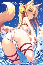 Rule 34 | 1girl, animal ear fluff, animal ears, ass, ball, bare arms, bare shoulders, beachball, bell, bikini, blonde hair, blue sky, closed mouth, cloud, commentary request, day, fox ears, fox girl, fox tail, green eyes, hair bell, hair between eyes, hair ornament, hair ribbon, highres, holding, holding ball, jingle bell, leaning forward, long hair, looking at viewer, looking back, original, outdoors, red ribbon, ribbon, sample watermark, sky, smile, solo, swimsuit, tail, twintails, very long hair, water, water drop, watermark, white bikini, yuzu modoki