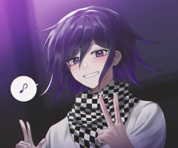 Rule 34 | 1boy, checkered clothes, checkered neckwear, checkered scarf, commentary request, danganronpa (series), danganronpa v3: killing harmony, grin, hair between eyes, hands up, highres, jacket, long sleeves, looking at viewer, male focus, musical note, oma kokichi, porary, purple eyes, purple hair, scarf, short hair, smile, solo, spoken musical note, upper body, v, w, white jacket