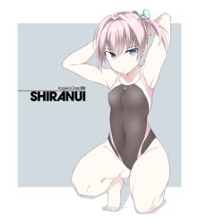 Rule 34 | 1girl, barefoot, black one-piece swimsuit, blue eyes, character name, competition swimsuit, flat chest, grey background, kantai collection, looking at viewer, one-piece swimsuit, pink hair, ponytail, shigino sohuzi, shiranui (kancolle), short hair, solo, squatting, swimsuit, two-tone background, tying hair, white background