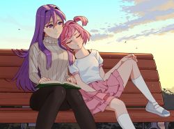 Rule 34 | 2girls, artist name, beige sweater, bench, black pants, blush, book, book on lap, closed eyes, commentary, commission, doki doki literature club, english commentary, hair between eyes, hand on own knee, leaning on person, long sleeves, multiple girls, natsuki (doki doki literature club), open book, outdoors, pants, parted lips, pink hair, pink skirt, purple eyes, purple hair, raynyasha, ribbed sweater, shirt, short hair, sitting, skirt, sleeping, smile, socks, sweater, swept bangs, turtleneck, turtleneck sweater, white legwear, white shirt, yuri, yuri (doki doki literature club)
