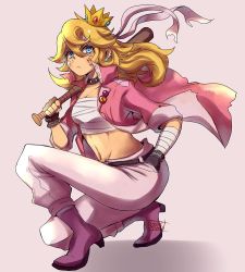 Rule 34 | 1girl, alternate costume, artist name, bad id, bad twitter id, bandaged arm, bandages, bandaid, bandaid on face, baseball bat, belt, black belt, black gloves, blonde hair, blue eyes, blush, boots, bracelet, breasts, casual, chest sarashi, cleavage, collarbone, commentary, contemporary, crown, ear piercing, earrings, english commentary, fingerless gloves, gloves, grey background, groin, gurepyon, hair between eyes, hand in pocket, headband, high collar, high heel boots, high heels, holding, holding baseball bat, holding weapon, jacket, jewelry, long hair, looking at viewer, mario (series), medium breasts, midriff, mini crown, navel, nintendo, on one knee, open clothes, open jacket, over shoulder, pants, piercing, pink jacket, princess peach, purple footwear, sarashi, shadow, short sleeves, signature, simple background, solo, stomach, strapless, tube top, weapon, weapon over shoulder, white pants