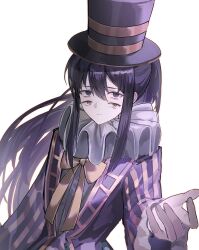 Rule 34 | 1boy, black hair, bonno sasu, bow, bowtie, coat, extra eyes, frilled sleeves, frills, hat, high ponytail, highres, library of ruina, long hair, neck ruff, noah (project moon), project moon, purple coat, sidelocks, simple background, solo, top hat, very long hair, white background, yellow bow, yellow bowtie