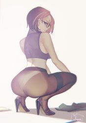 Rule 34 | 1girl, ass, bare arms, bare shoulders, black-framed eyewear, black pantyhose, blurry, blush, breasts, brown eyes, chromatic aberration, closed mouth, crop top, depth of field, earrings, from behind, full body, glasses, hair behind ear, high heels, highres, jewelry, looking at viewer, midriff, no pants, original, panties, panties under pantyhose, pantyhose, puk (higanbana doujin), purple footwear, purple hair, round eyewear, shadow, shoe soles, short hair, sideways glance, signature, sleeveless, solo, squatting, stud earrings, thighband pantyhose, underwear, unworn clothes, white background, white panties