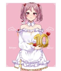 Rule 34 | 1girl, anniversary, apron, bare shoulders, commentary request, cowboy shot, detached sleeves, dress, frilled apron, frilled dress, frills, hair bobbles, hair ornament, highres, johssnny, kantai collection, official alternate costume, pink eyes, pink hair, rabbit on shoulder, sazanami (kancolle), short hair, smile, twintails