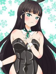 Rule 34 | 1girl, animal ears, aqua eyes, artist name, artist request, bare shoulders, black hair, black leotard, blunt bangs, breasts, collarbone, embarrassed, female focus, green eyes, green necktie, hair ornament, hairclip, half-closed eyes, hand on own chest, hime cut, kurosawa dia, leotard, long hair, looking at viewer, love live!, love live! sunshine!!, medium breasts, mole, mole under mouth, necktie, playboy bunny, rabbit ears, solo, tie clip, white background, white wrist cuffs, wing collar, worried, wrist cuffs