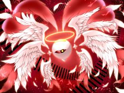 Rule 34 | adapted costume, angel, angel wings, banana gyuunyuu, bandaid, colored sclera, epic, feathers, halo, highres, kirby, kirby (series), kirby 64, monster, multiple wings, nintendo, no humans, red eyes, red sclera, seraph, solo, wings, zero two (kirby)