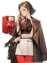 Rule 34 | 1girl, bracelet, brown hair, buttons, coat, coat on shoulders, commentary request, copyright name, corded phone, covered collarbone, earrings, echoes of vision, fingernails, green eyes, gun, h&amp;k mp5, highres, holding, holding weapon, jewelry, lips, looking at viewer, mole, nail polish, necktie, official art, pantyhose, parted lips, payphone, phone, quuni, red pantyhose, ring, short hair, simple background, skirt, solo, submachine gun, trigger discipline, weapon, white background