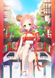 Rule 34 | 1girl, animal ears, asymmetrical sleeves, bad id, bad pixiv id, blade &amp; soul, blue sky, blush, braid, character request, closed mouth, cloud, day, dress, forehead, green eyes, groin, hand up, head tilt, long sleeves, looking at viewer, mountain, outdoors, parted bangs, pelvic curtain, pink hair, shoes, single sleeve, sitting, sky, solo, strapless, strapless dress, tp (kido 94), uneven sleeves, white dress