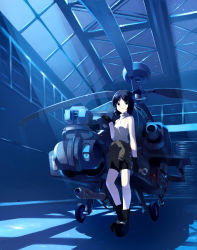 Rule 34 | 1girl, absurdres, ah-64 apache, aircraft, attack helicopter, autocannon, bare shoulders, bike shorts, black gloves, black hair, blue theme, boots, cannon, chain gun, clothes around waist, detached sleeves, gloves, gun, gunship, helicopter, helicopter gunship, highres, jacket, jacket around waist, m230 chain gun, night, original, rinz, short hair, sky, sleeveless, sleeveless turtleneck, smile, solo, star (sky), star (symbol), starry sky, thighhighs, turtleneck, weapon, wrench