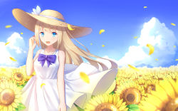 Rule 34 | 1girl, bare arms, bare shoulders, blonde hair, blue eyes, bow, bowtie, cloud, commentary request, day, dress, flower, hat, highres, holding, holding hat, ji dao ji, lexington (warship girls r), long hair, looking at viewer, open mouth, outdoors, sky, solo, straw hat, sun hat, sundress, sunflower, uss lexington (cv-2), warship girls r, white dress