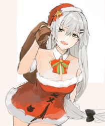 Rule 34 | 1girl, arm behind back, bag, bare shoulders, bow, bowtie, breasts, christmas dress, cleavage, commentary, dress, feet out of frame, girls&#039; frontline, grey eyes, grey hair, hair ornament, hairclip, hat, highres, holding, holding bag, long hair, looking at viewer, medium breasts, official alternate costume, open mouth, red dress, red hat, santa hat, smile, solo, standing, svd (girls&#039; frontline), svd (winter fairy) (girls&#039; frontline), tarano (tsumugiko), white background
