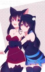 Rule 34 | 2girls, :d, animal ears, arm at side, arm warmers, armpits, artist name, bare shoulders, belt, belt buckle, black hair, black shirt, blue skirt, blush, borrowed character, breasts, buckle, cat ears, cat girl, cleavage, cowboy shot, detached sleeves, dress, fang, female focus, gradient hair, hair between eyes, heart, heart necklace, highres, holding another&#039;s arm, holding own arm, hug, hug from behind, jewelry, leaning forward, long hair, long sleeves, looking at another, miniskirt, multicolored hair, multiple girls, necklace, open mouth, original, pendant, pleated skirt, polka dot, polka dot background, purple hair, purple legwear, red dress, red hair, rimuu, round teeth, shirt, short dress, skirt, smile, standing, strapless, strapless dress, tareme, teeth, thighhighs, yuri, zettai ryouiki
