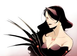 Rule 34 | 1girl, bad id, bad pixiv id, bare shoulders, black dress, black gloves, black hair, black lips, breast tattoo, breasts, claws, collarbone, dress, elbow gloves, fullmetal alchemist, gloves, hair over one eye, lipstick, long hair, looking away, lust (fma), makeup, ouroboros, red eyes, shaded face, simple background, sleeveless, sleeveless dress, smile, solo, tattoo, upper body, white background