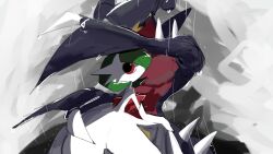 Rule 34 | 1boy, 1girl, arm around waist, arm fins, arm up, bare shoulders, black eyes, bob cut, colored sclera, colored skin, creatures (company), dragon boy, dress, elbow gloves, fins, from behind, game freak, garchomp, gardevoir, gen 3 pokemon, gen 4 pokemon, gloves, green hair, grey background, hair over one eye, half-closed eyes, highres, improvised umbrella, looking at viewer, looking back, mega gardevoir, mega pokemon, nintendo, one eye covered, outdoors, outstretched arms, pectorals, pokemon, pokemon (creature), protecting, rain, red eyes, short hair, simple background, sketch, spikes, standing, strapless, strapless dress, takashi (pixiv 80298118), white dress, white gloves, white skin, yellow sclera