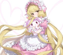 1girl absurdres apron blonde_hair brown_eyes chii chobits cowboy_shot cross-laced_hairband dress floating_hair frilled_apron frilled_dress frilled_hairband frilled_sleeves frilled_wrist_cuffs frills hairband heart heart_of_string highres holding holding_stuffed_toy hug humanoid_robot lolita_hairband long_hair looking_at_viewer low_twintails mika_030 persocom pink_dress pink_hairband puffy_short_sleeves puffy_sleeves robot robot_ears robot_girl short_sleeves simple_background solo straight_hair stuffed_animal stuffed_rabbit stuffed_toy twintails very_long_hair waist_apron white_apron white_background white_hairband white_wrist_cuffs wrist_cuffs