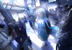 Rule 34 | 1girl, absurdres, airport, blue eyes, coat, eyebrows hidden by hair, guitar, hand in pocket, highres, holding, holding instrument, indoors, instrument, light, long hair, looking away, looking up, original, saitogiulio, shadow, solo focus, standing, white hair