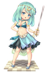 Rule 34 | 1girl, aqua hair, armlet, bare shoulders, bikini, bikini top only, blue bikini, blue eyes, bracelet, breasts, checkered floor, chibi, choker, cleavage, floor, full body, hair ornament, hand on own hip, jewelry, looking at viewer, lots of jewelry, midriff, navel, o-ring, o-ring top, open mouth, original, sasaame, short hair, simple background, skirt, solo, swimsuit, sword, weapon, white background