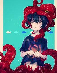 Rule 34 | 1boy, animal, animal on head, black hair, black shirt, blue background, child, henatomo1001, highres, lifting own clothes, male focus, monster boy, octopus, octopus boy, on head, original, shirt, short hair, solo, suction cups, tentacles