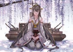 Rule 34 | 10s, 1girl, :d, ^ ^, bare shoulders, black hair, blurry, boots, dappled sunlight, depth of field, detached sleeves, closed eyes, facing viewer, flower, full body, hair ornament, hairband, hairclip, haruna (kancolle), highres, japanese clothes, kantai collection, long hair, nontraditional miko, open mouth, personification, ribbon-trimmed sleeves, ribbon trim, saberiii, skirt, smile, solo, sunlight, thigh boots, thighhighs, very long hair, wisteria