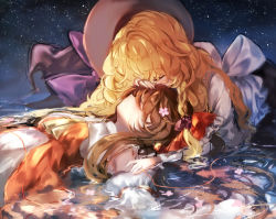 Rule 34 | 2girls, blonde hair, bow, braid, brown hair, commentary, detached sleeves, dress, closed eyes, flower, frilled bow, frills, hair bow, hair flower, hair ornament, hakurei reimu, hand on another&#039;s head, hat, hat bow, kirisame marisa, long hair, lying, multiple girls, night, night sky, on back, piyokichi, purple bow, side braid, sky, star (sky), starry sky, touhou, very long hair, water, white bow, witch hat, yuri