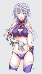 Rule 34 | 1girl, alternate costume, artist name, bad id, bad twitter id, bandages, bandaged arm, bandages, bare shoulders, belt, breasts, cleavage cutout, clothing cutout, covering navel, crop top, fate/apocrypha, fate/grand order, fate (series), green eyes, halloween, jack the ripper (fate/apocrypha), long hair, looking at viewer, medium breasts, aged up, open mouth, orii (orii i), panties, scar, short hair, silver hair, solo, thighhighs, underwear