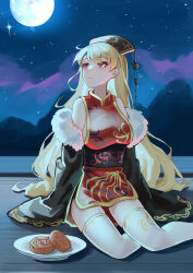 Rule 34 | 1girl, absurdres, adapted costume, ailu elf, black hat, blonde hair, breasts, closed mouth, food, full moon, hat, highres, junko (touhou), large breasts, long hair, moon, phoenix crown, red eyes, sideboob, solo, star (sky), tabard, thighhighs, touhou, white thighhighs