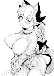 Rule 34 | 1girl, animal ears, blush, bow, braid, breasts, cat ears, covered erect nipples, extra ears, greyscale, hair bow, highres, kaenbyou rin, long hair, mizuga, monochrome, multiple tails, pointy ears, simple background, solo, tail, touhou