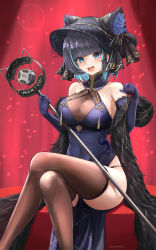 Rule 34 | 1girl, :d, absurdres, amano kusatsu, artist name, azur lane, black hair, black hat, blue eyes, blue flower, blue hair, blue rose, blunt bangs, blush, breasts, brown thighhighs, capelet, cheshire (azur lane), cheshire (cait sith crooner) (azur lane), cleavage, collarbone, commentary request, crossed legs, dress, elbow gloves, feather boa, flower, fur-trimmed capelet, fur trim, gloves, hat, hat flower, highres, holding, lace, lace-trimmed gloves, lace trim, large breasts, looking at viewer, multicolored hair, official alternate costume, open mouth, paw pose, purple dress, purple gloves, rose, see-through, see-through cleavage, sitting, sleeveless, sleeveless dress, smile, solo, tassel, thighhighs, two-tone hair