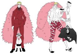 Rule 34 | 2boys, absurdres, age progression, balnom, bare pectorals, blonde hair, child, coat, donquixote doflamingo, feather coat, formal, full body, fur coat, height difference, highres, lifting person, male focus, multiple boys, muscular, muscular male, official alternate costume, one piece, open clothes, pectorals, pink coat, shirt, short hair, suit, sunglasses, trafalgar law, upside-down, white shirt