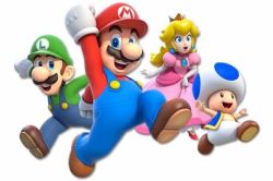 Rule 34 | 1girl, 3boys, blonde hair, blue eyes, blue toad (mario), crown, dress, earrings, elbow gloves, facial hair, gloves, happy, hat, jewelry, long hair, looking at viewer, lowres, luigi, mario, mario (series), multiple boys, mustache, nintendo, open mouth, overalls, pink dress, princess peach, red footwear, shoes, short hair, simple background, smile, super mario 3d world, super mario bros. 1, toad (mario), white background, white gloves