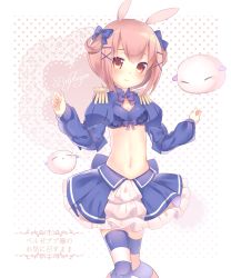 Rule 34 | 10s, 1girl, animal ears, bad id, bad pixiv id, beelzebub-jou no okinimesu mama., belphegor (beelzebub-jou), blue bow, blue bra, blue skirt, blush, bow, bow bra, bra, breasts, brown hair, closed mouth, commentary request, epaulettes, hair between eyes, hair bow, hair ornament, hair rings, hairclip, hands up, head tilt, highres, juliet sleeves, long sleeves, navel, polka dot, polka dot background, puffy sleeves, rabbit ears, red eyes, sidelocks, skirt, small breasts, solo, striped clothes, striped thighhighs, thighhighs, underwear, usagimiko, x hair ornament