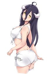 Rule 34 | 1girl, :p, albedo (overlord), alternate costume, ass, bikini, bikini skirt, black hair, breasts, covered erect nipples, demon girl, demon horns, front-tie bikini top, front-tie top, hair between eyes, horns, large breasts, long hair, looking at viewer, looking back, overlord (maruyama), relaxjon, simple background, skirt, solo, swimsuit, tongue, tongue out, very long hair, white background, white bikini, white skirt, yellow eyes
