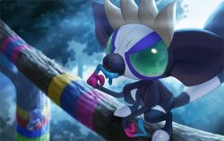 Rule 34 | blurry, bokeh, commentary request, creatures (company), depth of field, forest, game freak, grafaiai, green eyes, highres, nature, night, nintendo, no humans, outdoors, paint, pokemon, pokemon (creature), rend, squatting, tree